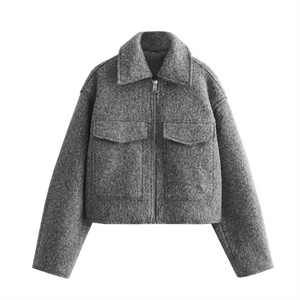 Chaqueta informal para mujer con cremallera bordada cuello vuelto manga larga Color gris sólido transpirable bolsillos delanteros impermeables - Product Image 1