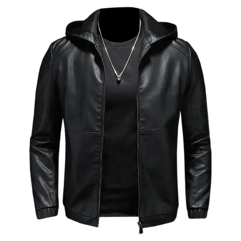 Leather coat men's autumn and winter 2024 New casual hooded jacket handsome motorcycle clothing black slim men's clothing coat