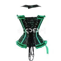 Corset Bustier Femme en Brocart Vert Floral, à Baleines en Acier, à Lacets, avec Bretelles