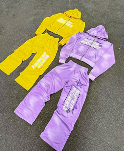 Custom 100% <b>Cotton</b> Unisex Winter Print Applique Embroidery Patchwork <b>Raw</b> Edge Rhinestone Fleece Breathable Tracksuits - Product Image 2