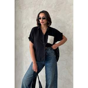 Topshow Women's <b>Linen</b> <b>Shirt</b> with Pocket Applique <b>Black</b> Wholesale Raw <b>Linen</b> Blouses & <b>Shirts</b> - Product Image 5