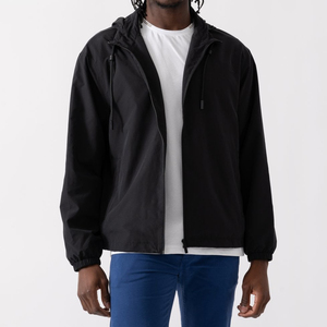Blouson bomber noir à capuche pour homme, coupe-vent, fermeture éclair, décontracté, pour l'automne, coupe classique, extérieur en polyester, couleur unie - Product Image 2