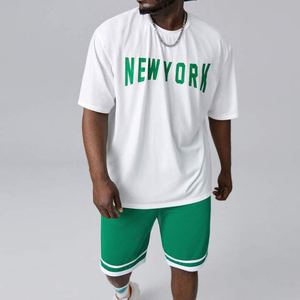 Camiseta con gráfico de letras impresas unisex y pantalones cortos con ribete en contraste, conjunto de 2 piezas, camiseta y pantalones cortos de talla grande para hombres para adultos de verano - Product Image 4