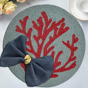 Antique Blue Teal Red <b>Beaded</b> <b>Placemats</b> With Coral Design for Wedding Christmas Decorations Family Gatherings Impressive Parties - Product Image 1