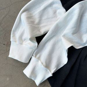 T-shirt <span class=keywords><strong>Termica</strong></span> da Uomo Personalizzata 100% Cotone a Doppio Strato a Maniche Lunghe <span class=keywords><strong>Nera</strong></span> Effetto Usurato Lavaggio Acido Oversize Waffle - Product Image 3