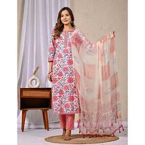 Conjunto de Kurta y Pantalón de Algodón con Estampado Digital para Mujer, Traje Cosido para Fiestas, Tela de Red para Ocasiones Especiales - Product Image 4