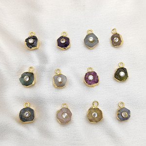 Wholesale Raw Rose Quartz Gold Electroplated Gemstone Birthstone <b>Charms</b> with CZ <b>Crystals</b> - Product Image 4