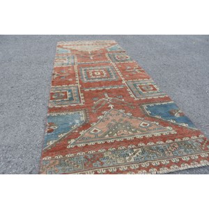 พรมขนแกะทำมือสีแดงสีน้ำเงินคลาสสิกขนาด3.2 x 8.6ft พื้นที่ขนาดใหญ่พรมสี่เหลี่ยมตุรกีพรมแอบสแตรกต์ขนาด10มม. สำหรับพรมห้องโถง - Product Image 4