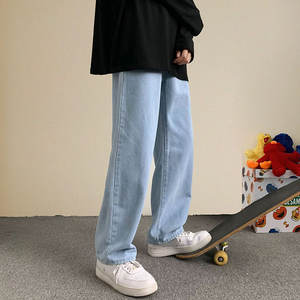 กางเกงยีนส์ผู้ชายทรงหลวมสีทึบหลวมขากว้างซิปบินสตรีเสื้อคลุมเอวกลางกางเกงตรงในสไตล์ที่ไม่ซ้ําใคร - Product Image 6