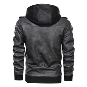 Veste à capuche en cuir motard noir personnalisable pour hommes coupe-vent avec tissu en toile et logo personnalisé - Product Image 2