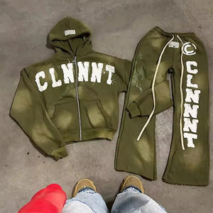 Chándal lavado con ácido, logotipo bordado desgastado, chándal de 450gsm para hombre, acampanada y pantalones de chándal Sudadera con capucha, conjuntos de chándales con cremallera - Product Image 5