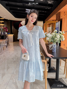 Blue floral embroidered maternity dress V1314 high quality breathable and sweat absorbent material wholesale price - Product Image 4