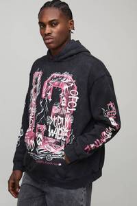 New Arrival Black Regular Fit Acid Washed Doodle Print Fleece Eco-Friendly Hoodie 100% Cotton Men's Ribbed Hem Cuffs Casual Wear - Product Image 3