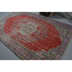 5.5x8.9 ft Rug, Turkish Rug, Vintage <b>Red</b> <b>Wool</b> Solid Rug - Product Image 4