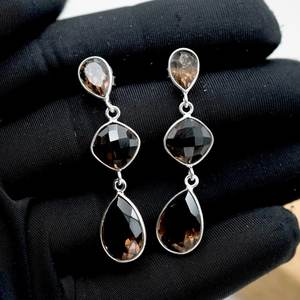 925 argent Sterling boucle d'oreille goujon fait à la main à la mode naturel Quartz fumé pierre précieuse pour son cadeau de bijoux en argent - Product Image 3