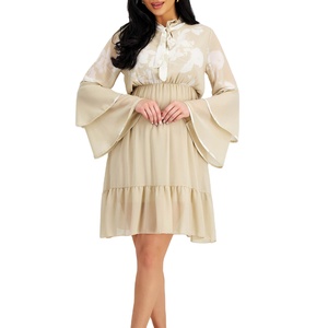 Collection <b>Mini</b> Length Sexy Plus Size Chiffon Floral A-Line Dress with Elastic Waist Ruffled Sleeves Bow Neck for Women - Product Image 1