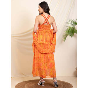 Conjunto Coordinado Indo-Occidental para Mujer, Estampado Naranja, Dos Piezas de Chifón, Talla XS/XS, Estilo Blazer Formal - Product Image 4