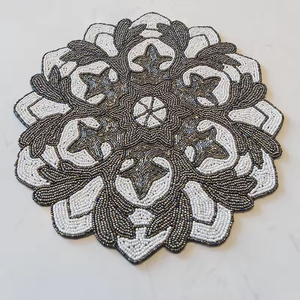 Classic Design Stone Bead Placemat Round Embroidered <b>Coasters</b> <b>Silver</b> Bead for Table Decoration Free Sample - Product Image 4