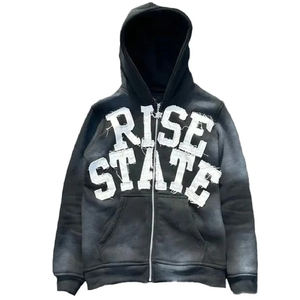 Sudadera con capucha recortada desgastada de gran tamaño sin cuerdas de algodón personalizada Parches bordados gruesos de lana pesada Sudadera con capucha de lavado Vintage para hombres - Product Image 2