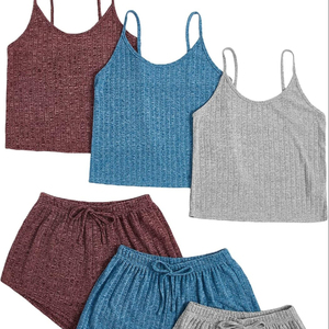 Haut court sans manches Vêtements de nuit pour femmes Ensemble de pyjamas côtelés Shorts Col ras du cou Bretelles réglables Vêtements de nuit - Product Image 1