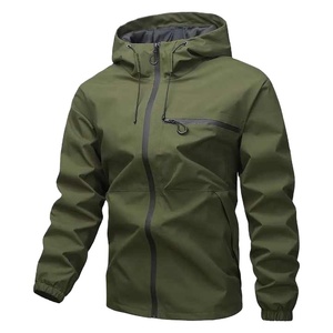 Veste coupe-vent à capuche pour homme, vert olive, avec fermeture éclair, logo sur le devant, vêtements décontractés pour l'extérieur, 100% polyester, style été - Product Image 1