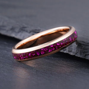 POYA 4mm gül altın Tungsten yüzük bayanlar için benzersiz rahat nişan söz pembe ezilmiş kakma klasik moda hediye parti - Product Image 3