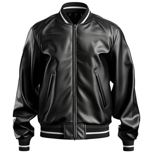 Veste en cuir pour homme noir avec col montant et logo avant-Hiver - Product Image 4