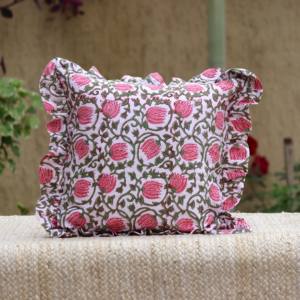 Fundas de Almohada de Algodón con Volantes Florales, 100% Algodón, Funda de Cojín con Estampado a Mano, Cojines Bohemios con Volantes - Product Image 1