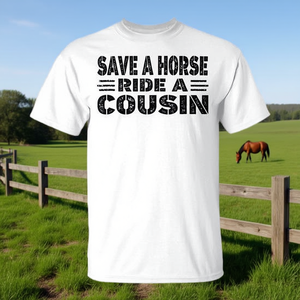 T-shirt sans manches avec citation « Sauvez un cheval, montez sur un cousin » pour usage promotionnel - Product Image 1