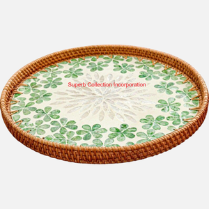 Plateau de service en rotin fait main avec incrustation de nacre verte plateau de Table basse décoratif en osier tissé naturel pour la décoration intérieure - Product Image 4