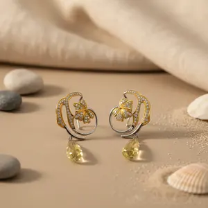 Boucles d'oreilles pendantes de luxe pour femmes, plaquées or, avec pierres précieuses jaunes, motif floral - Product Image 2