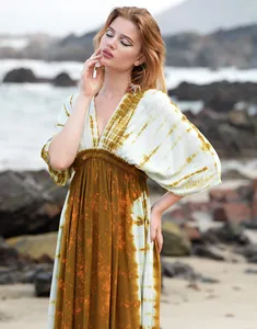 ชุดเดรสคลุมแขนสั้นคอวีเอวสูงสำหรับผู้หญิงชุดเดรสผูกคอผ้าเรยอนสำหรับใส่ไปทะเลฤดูร้อนงานตามสั่ง - Product Image 4