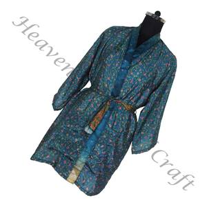 KS009 mujeres abstractas seda pura vintage Sari kimono corto tamaño libre ajustable vintage Sari kimono corto Mujer seda vintage - Product Image 5