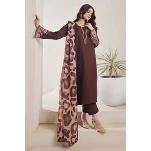 Women's <b>Batik</b>-3PC Dhanak Embroidered Shirt with Courtrai Printed Shawl and Trouser-BIC-4277 Suit Set - Product Image 1