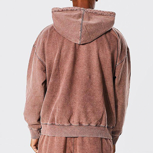Hoodie en coton tricoté coupe classique, léger, uni, en molleton bouclette de haute qualité 480G, effet vieilli et délavé à l'acide - Product Image 3