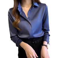 Chemise élégante pour femmes en soie satinée à manches longues, col rabattu, couleur unie, coupe ajustée, vêtements pour le printemps et l'été, t-shirts pour femmes