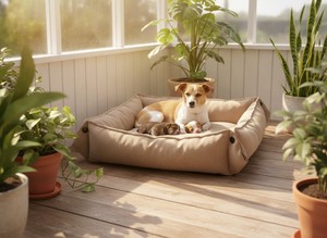 Large Rectangular Transforming Pet <b>Bed</b> (Beige Textile) <b>for</b> Cats & <b>Dogs</b> Simple Style All Seasons - Product Image 6