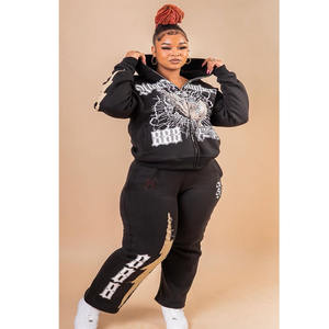 Ensemble de survêtement unisexe oversize en molleton de coton 500 GSM, comprenant un sweat à capuche court zippé et un pantalon baggy, avec logo imprimé et strass - Product Image 2