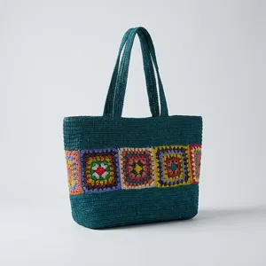Handwoven Crochet Raffia Tote Bag Open Closure Flowers Checkered Pattern Single Shoulder <b>Handbag</b> Market Carryall for Women - Product Image 4