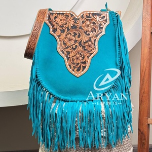 2025 New Large Capacity Fashionable Hand Tooled Suede Leather Fringe Crossbody Bag for Women's Custom Messenger Shoulder <b>Handbag</b> - Product Image 1