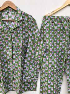 Conjunto de pijama indio con estampado a mano en verde, traje para dormir, traje para fiesta, regalo de Navidad para ella. - Product Image 2