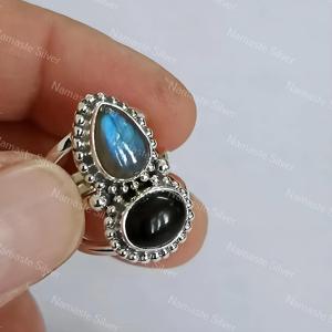<b>Labradorite</b> <b>Ring</b> Sterling Silver with Black Onyx: Handmade Dual Gemstone Band - Product Image 4