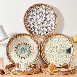 Bandejas tejidas a mano con patrón de mosaico de nácar, bandeja para servir bebidas de desayuno MOP de ratán de primera elección - Product Image 5