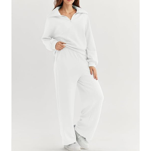 Sweatshirts with Wide Leg Sweatpants Quarter Zip Fleece Women Sweat Suits Loungewear Sets 2 Piece Wholesale Tracksuits - Product Image 5