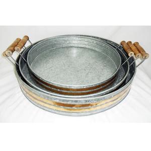 Plateau de service rond galvanisé avec poignées en bois pour la maison, le bureau, la fête, le mariage et le spa Plateau en métal galvanisé durable - Product Image 4