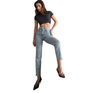 Back Mom Women's Straight Ankle-length 5-pocket Trousers With Ripped Details At The Knees