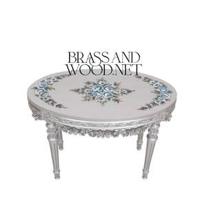 Mesa Auxiliar Redonda Plateada de Lujo con Ramo Floral Azul Pintado a Mano y Detalles Tallados Ornamentados para Decoración Clásica de Esquinas del Hogar - Product Image 1