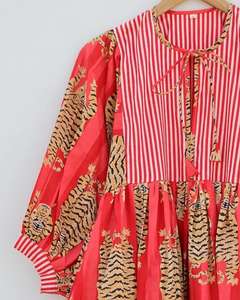 Vestido Midi con estampado de Tigre con cuello profundo y cierre de cuerda Silueta suelta Stripe Prints Mini y largo - Product Image 4