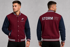 Chaqueta Varsity Unisex Storm Fit Color Granate y Azul Marino, Estilo Urbano, Logotipo Bordado, Cuello Alto, Corte Regular, Ropa de Invierno - Product Image 6