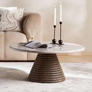 Mesa de Centro Plegable de Lujo Hecha a Mano, Ecológica, de Madera de Mango Maciza y Duradera con Tapa de Mármol Travertino - Diseño Moderno, Fácil de Montar - Product Image 1